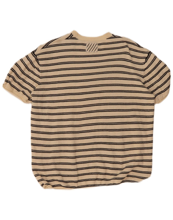 Zara Mens Short Sleeve Crew Neck Jumper Sweater Large Beige Striped