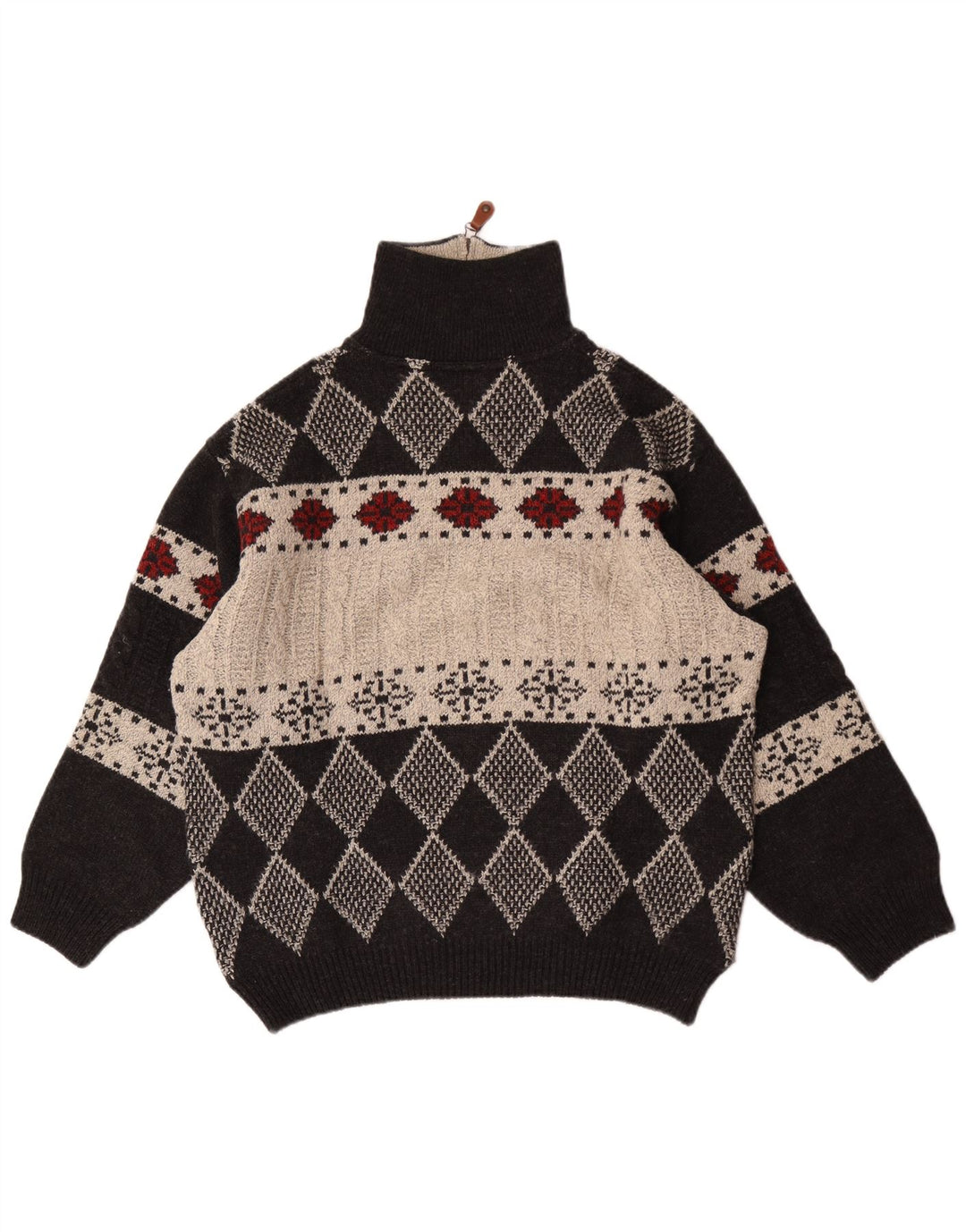 Vintage hombres zip cuello jumper suéter IT 48 Medio Negro Argyle/Diamond