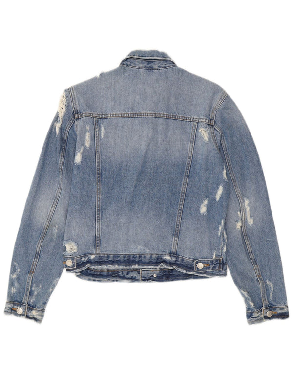 Zara Mujer Crop Chaqueta Vaquera Desgastada Reino Unido 12 Algodón Azul Medio
