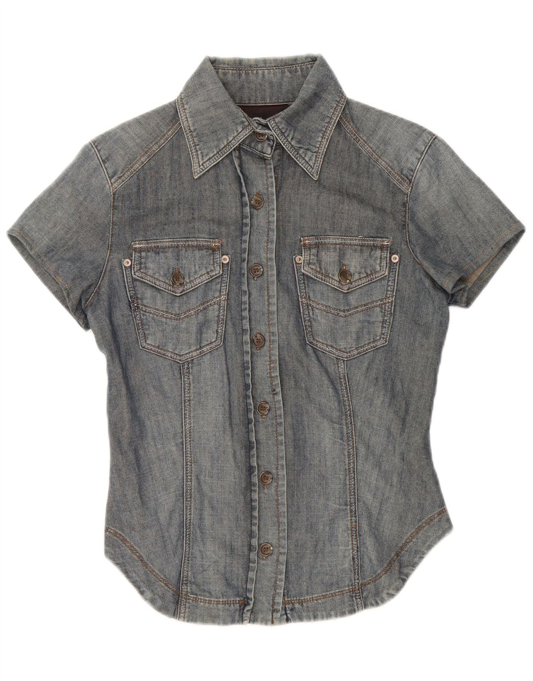 GAUDI Womens Short Sleeve Denim Shirt UK 10 Small Blue Vintage Gaudi and Second-Hand Gaudi from Messina Hembry 