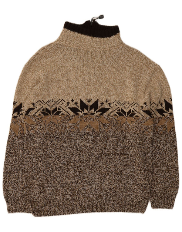Vintage hombres zip cuello jumper suéter medio marrón justo isla acrílico