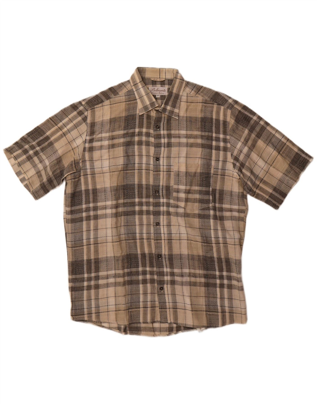 Belmonte Camisa Manga Corta Hombre Talla 42 Grande Beige Cuadros Algodón