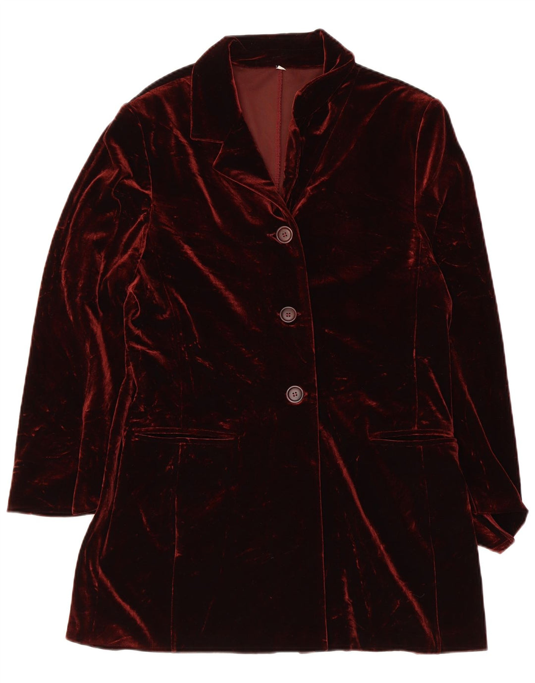 VINTAGE Mujer 3 Botones Velour Blazer Chaqueta Reino Unido 10 Pequeño Borgoña