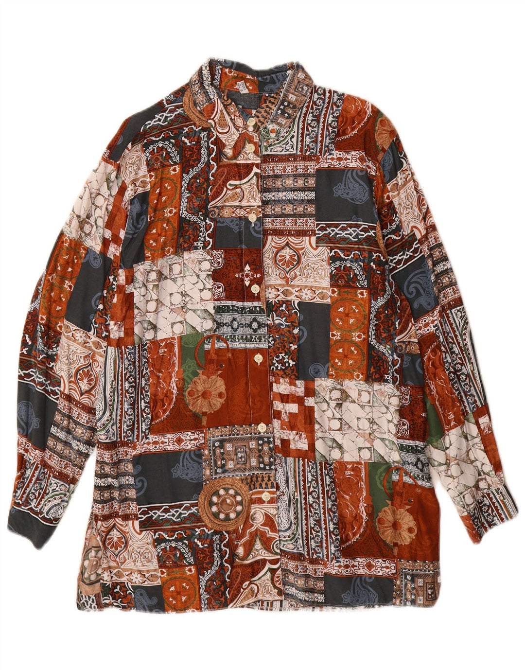 Vintage mujer camisa larga Reino Unido 14 gran patchwork multicolor viscosa