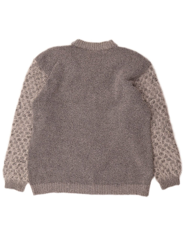 Vintage mujer cuello redondo jersey suéter Reino Unido 20 2XL gris colorblock acrílico