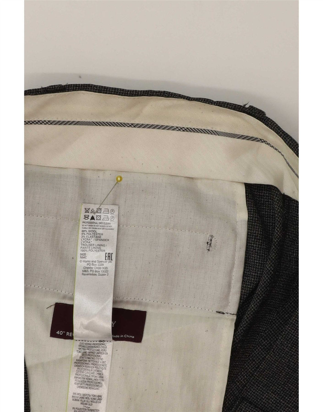 Marks & Spencer Pantalón de traje cónico para hombre W40 L31 Clásico de lana gris