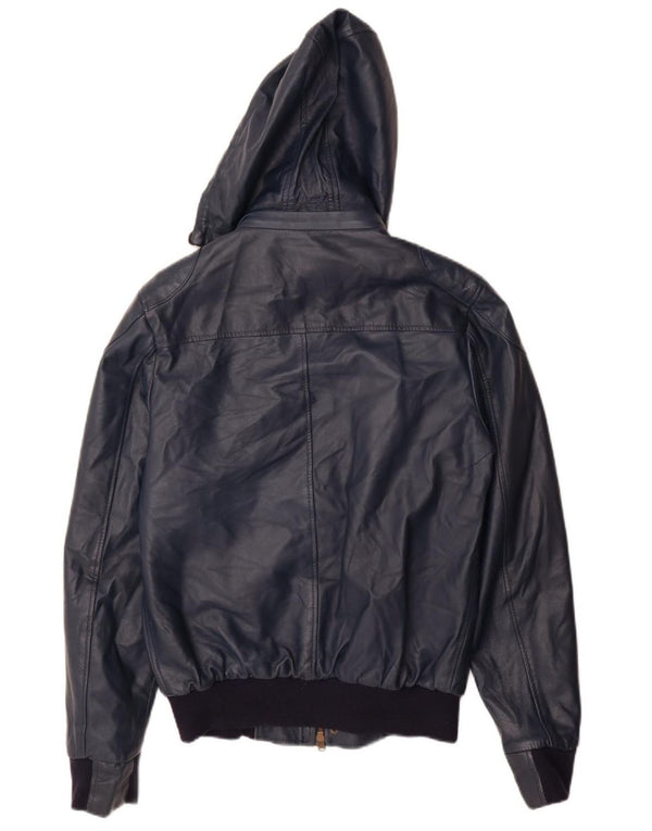 VINTAGE chaqueta de cuero con capucha para mujer Reino Unido 14 cuero azul marino grande