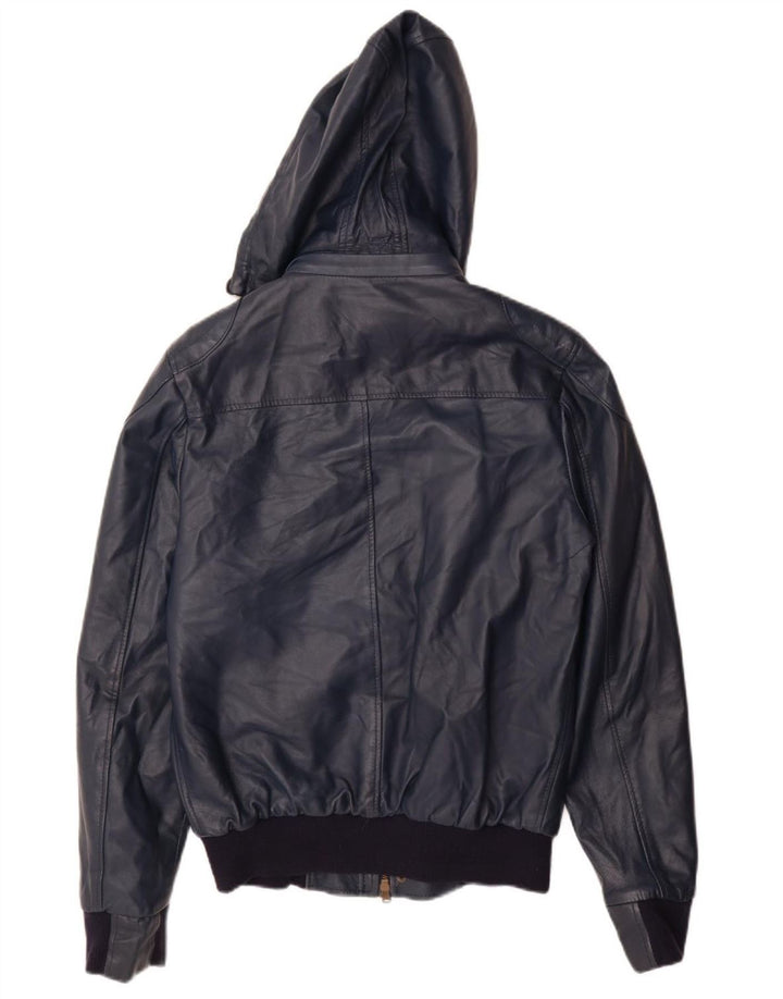 VINTAGE chaqueta de cuero con capucha para mujer Reino Unido 14 cuero azul marino grande