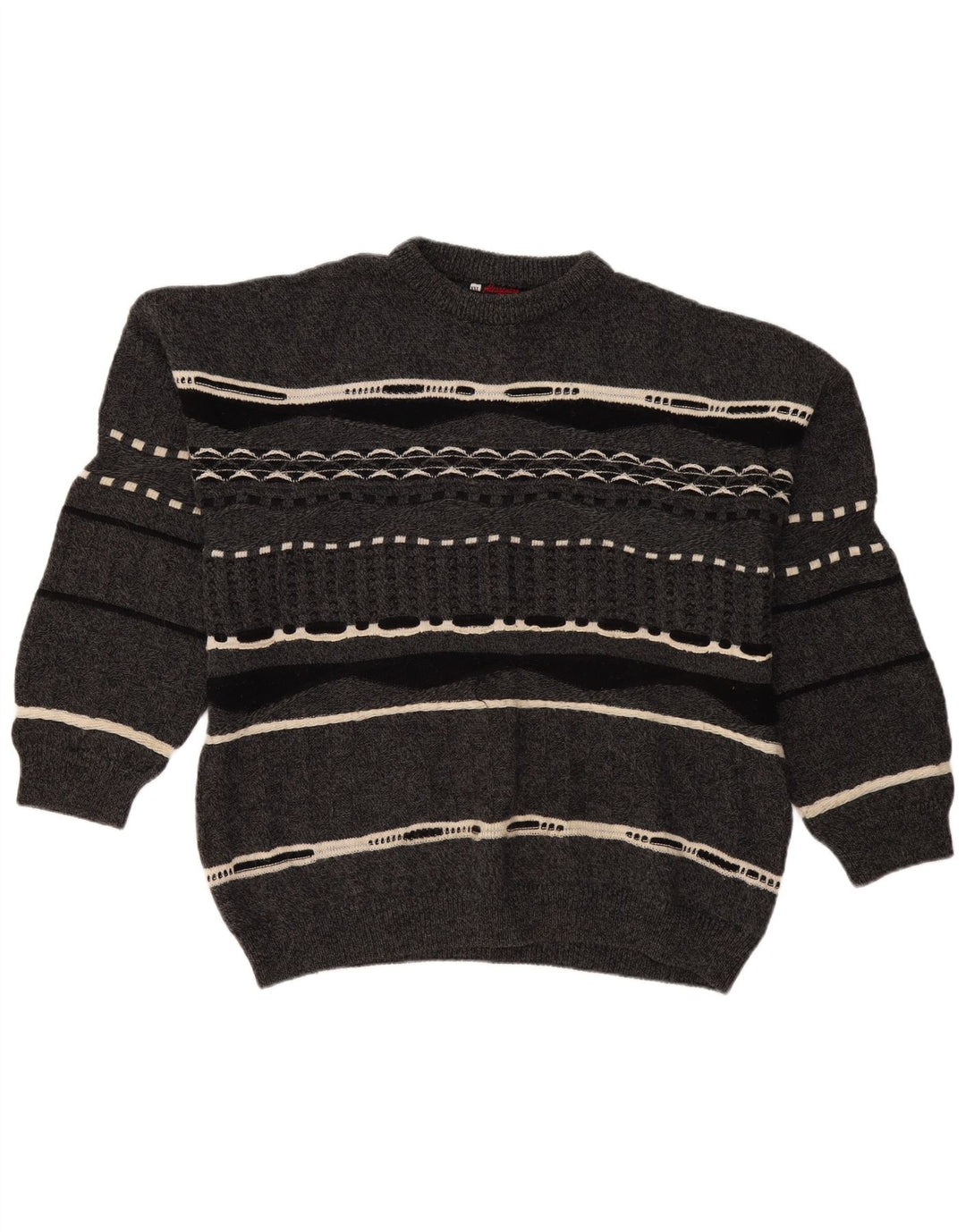 Vintage hombres cuello redondo jersey suéter 2XL gris rayas lana