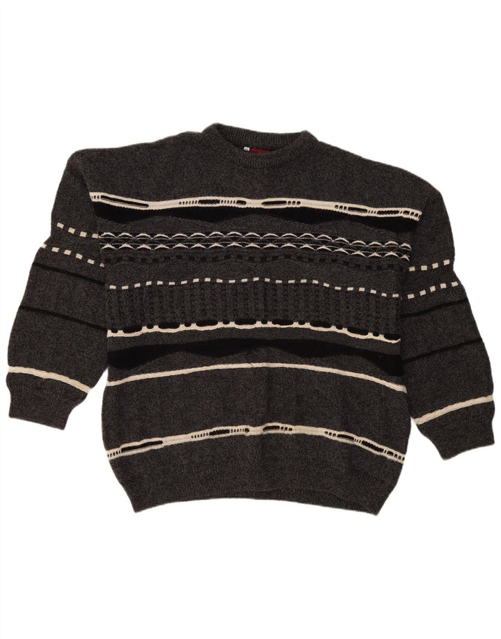 Vintage hombres cuello redondo jersey suéter 2XL gris rayas lana