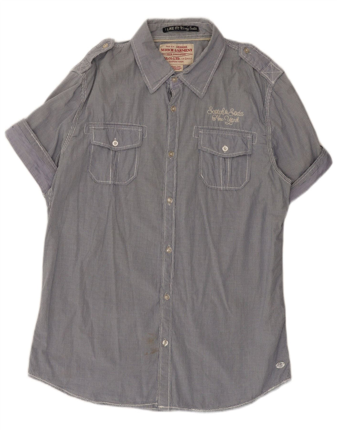 SCOTCH & SODA Camisa militar de manga corta para hombre de algodón a cuadros azul grande