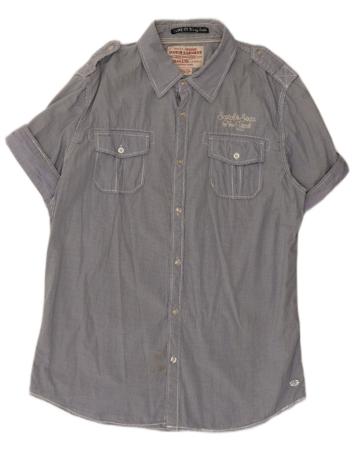 SCOTCH & SODA Camisa militar de manga corta para hombre de algodón a cuadros azul grande