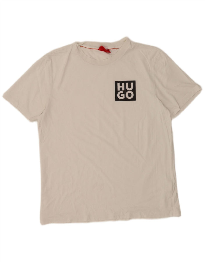 Hugo Boss Hombre Camiseta Gráfica Top Medio Algodón Blanco