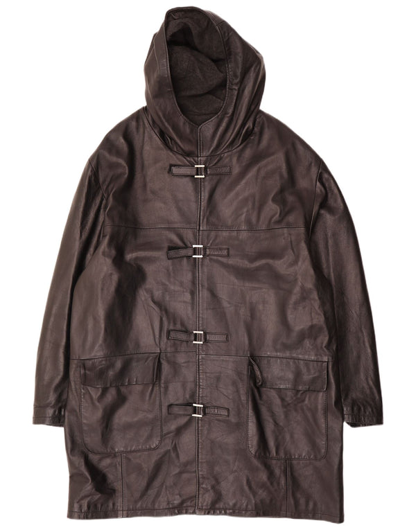 Vintage hombres con capucha Duffle chaqueta de cuero IT 54 2XL cuero negro