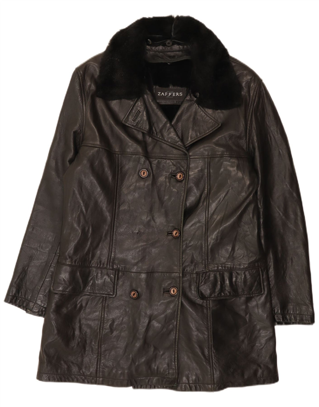 Zaffers Abrigo de piel con doble botonadura para mujer IT 42 Medium Black Leather