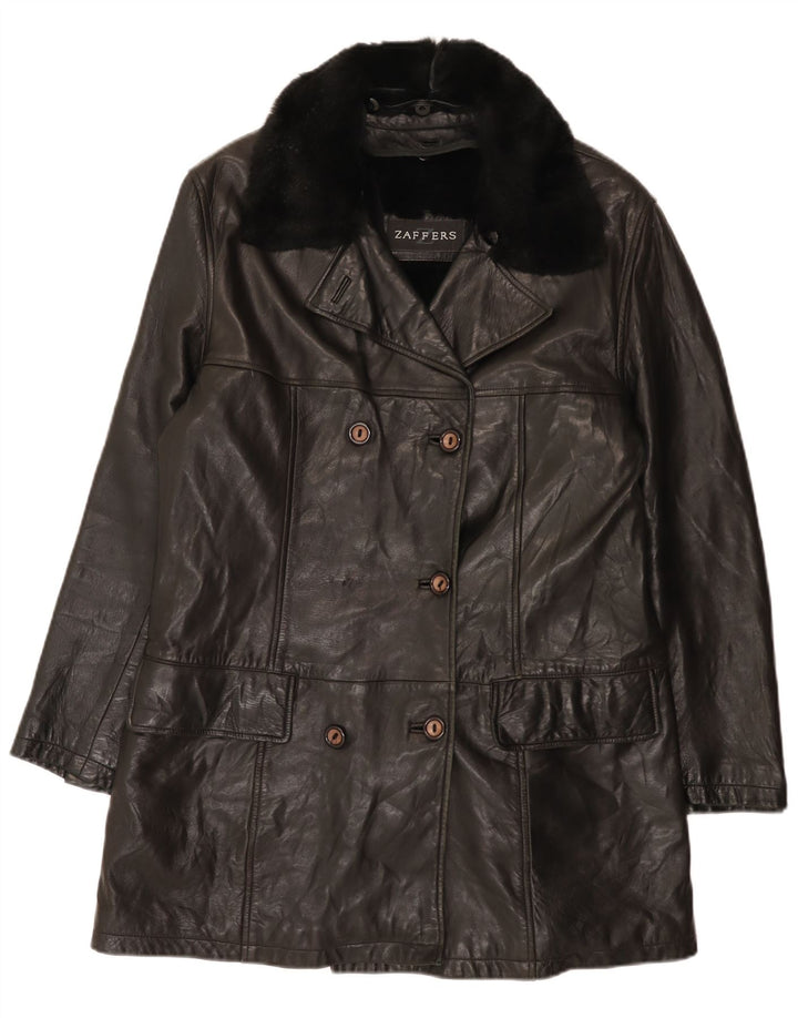 Zaffers Abrigo de piel con doble botonadura para mujer IT 42 Medium Black Leather