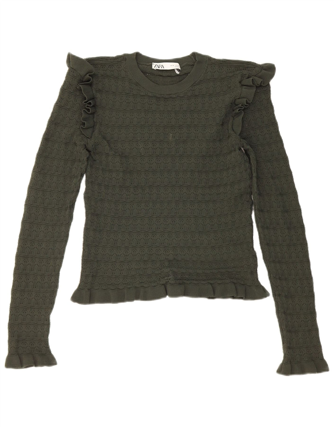 Zara Mujer Crop Ruffle Front Top Manga Larga UK 8 Small Caqui Poliéster