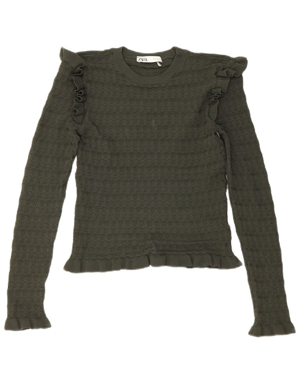 Zara Womens Crop Ruffle Front Top Long Sleeve UK 8 Small Khaki Polyester