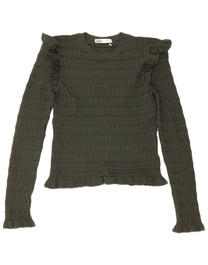 Zara Mujer Crop Ruffle Front Top Manga Larga UK 8 Small Caqui Poliéster