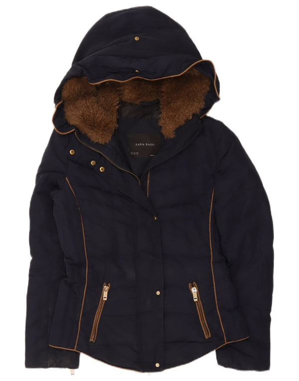 Zara Womens Hooded Padded Jacket UK 12 Medium Navy Blue Polyester