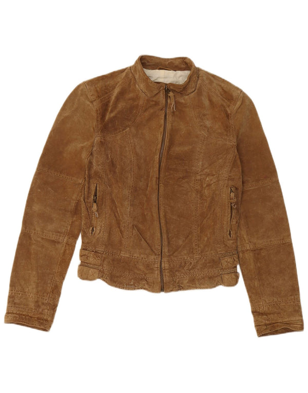 Zara Mujer Crop Gamuza Chaqueta UK 42 Cuero Beige Medio