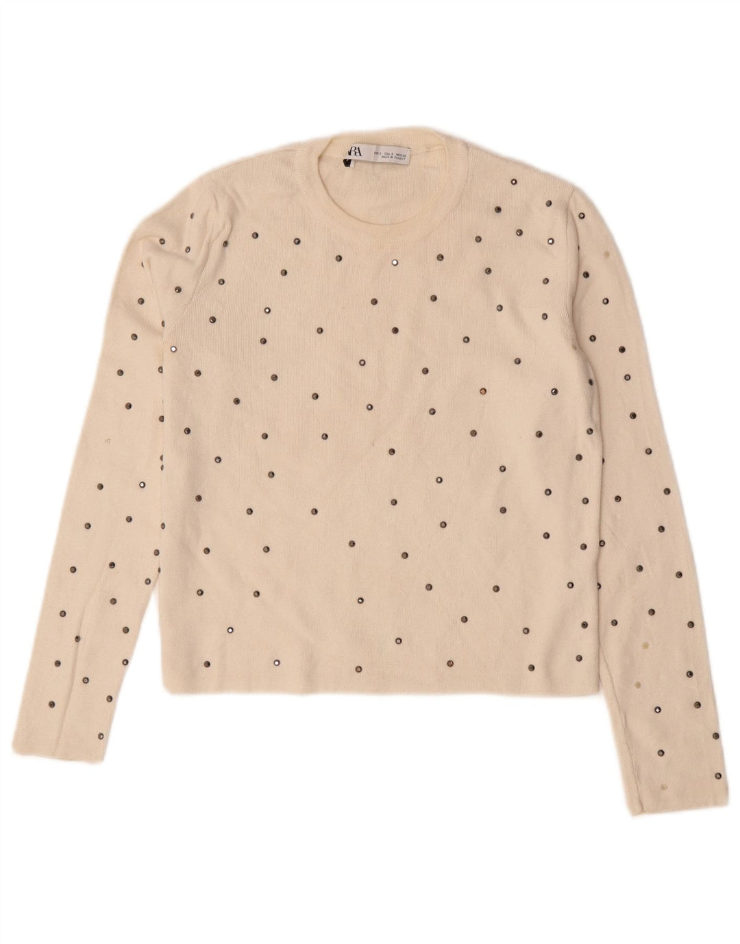 Zara Mujer Top Manga Larga UK 10 Small Off White Viscosa Moteada