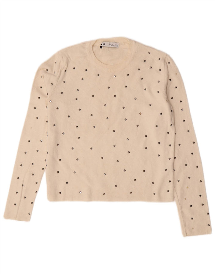 Zara Mujer Top Manga Larga UK 10 Small Off White Viscosa Moteada