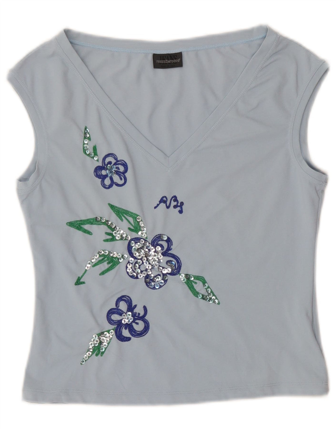 Roccobarocco Top Corto Sin Mangas Con Gráfico Para Mujer IT 44 Nylon Floral Azul Medio