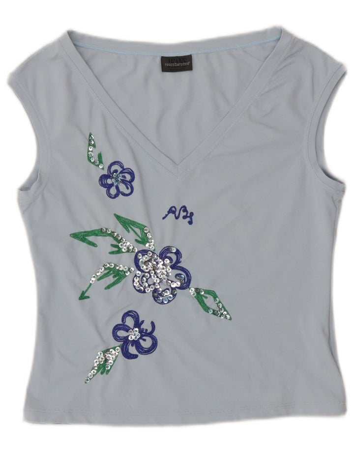 Roccobarocco Top Corto Sin Mangas Con Gráfico Para Mujer IT 44 Nylon Floral Azul Medio