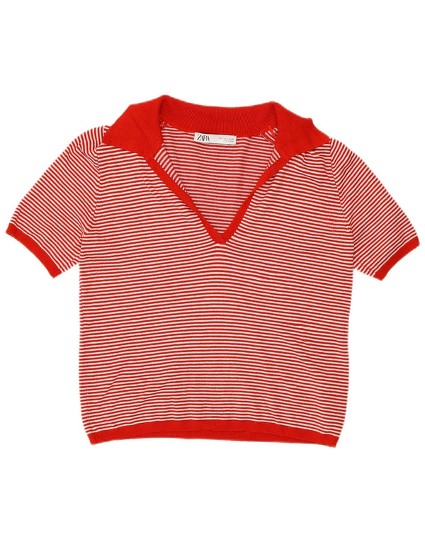 Zara Polo Mujer UK 10 Small Viscosa Rayas Rojas