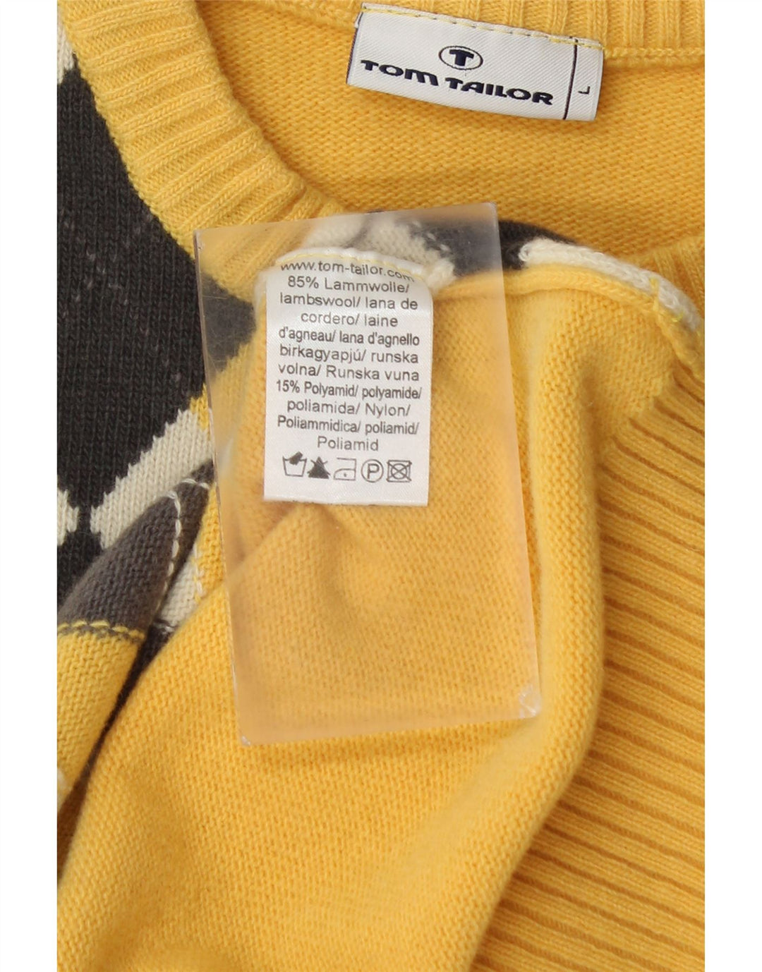 Tom Tailor Jersey de cuello redondo para hombre, talla grande, lana amarilla Argyle/Diamond