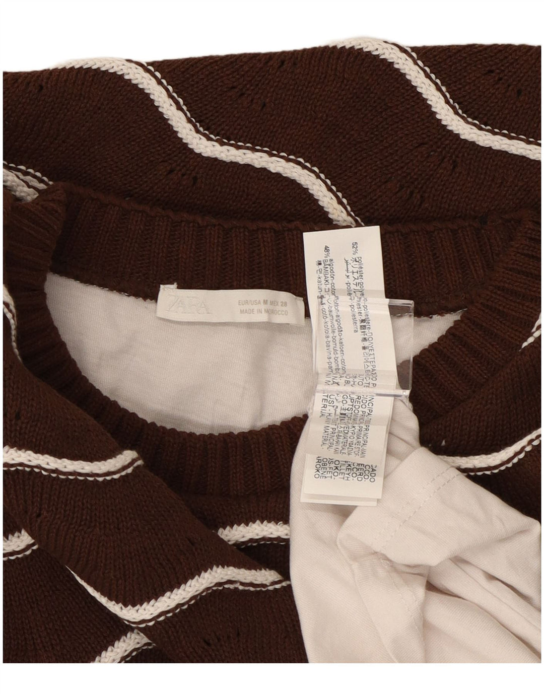 ZARA Jersey de cuello redondo para mujer, talla 44, color marrón medio a rayas