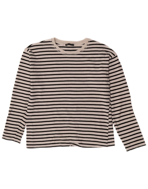 Zara Mujer Top Manga Larga UK 10 Small Blanco Rayas Algodón