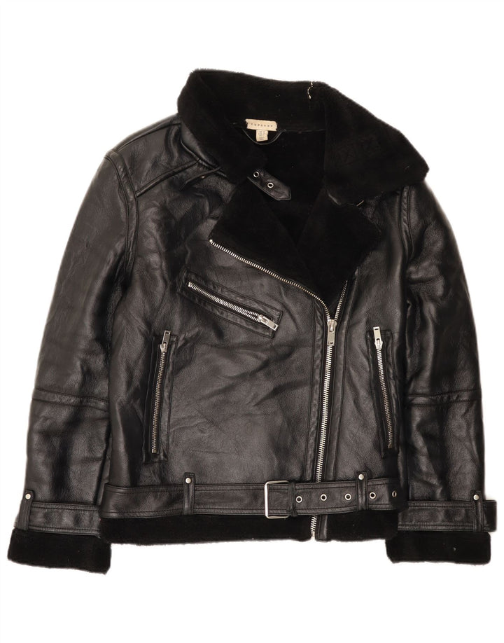 Topshop Chaqueta motera Sherpa extragrande para mujer UK 10 Small Poliuretano negro