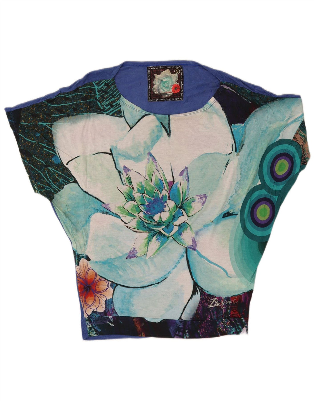 DESIGUAL Blusa de Ala de Murciélago para Mujer Top UK 10 Small Blue Floral Viscosa