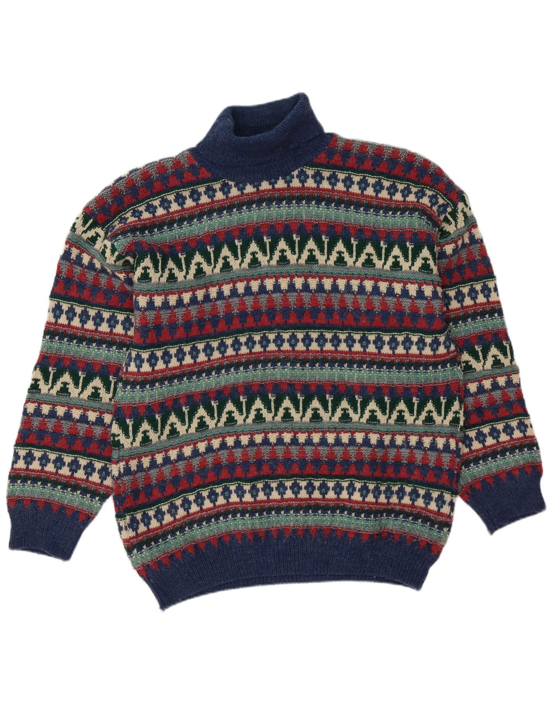 Vintage hombres rollo cuello jersey suéter grande multicolor Fair Isle lana