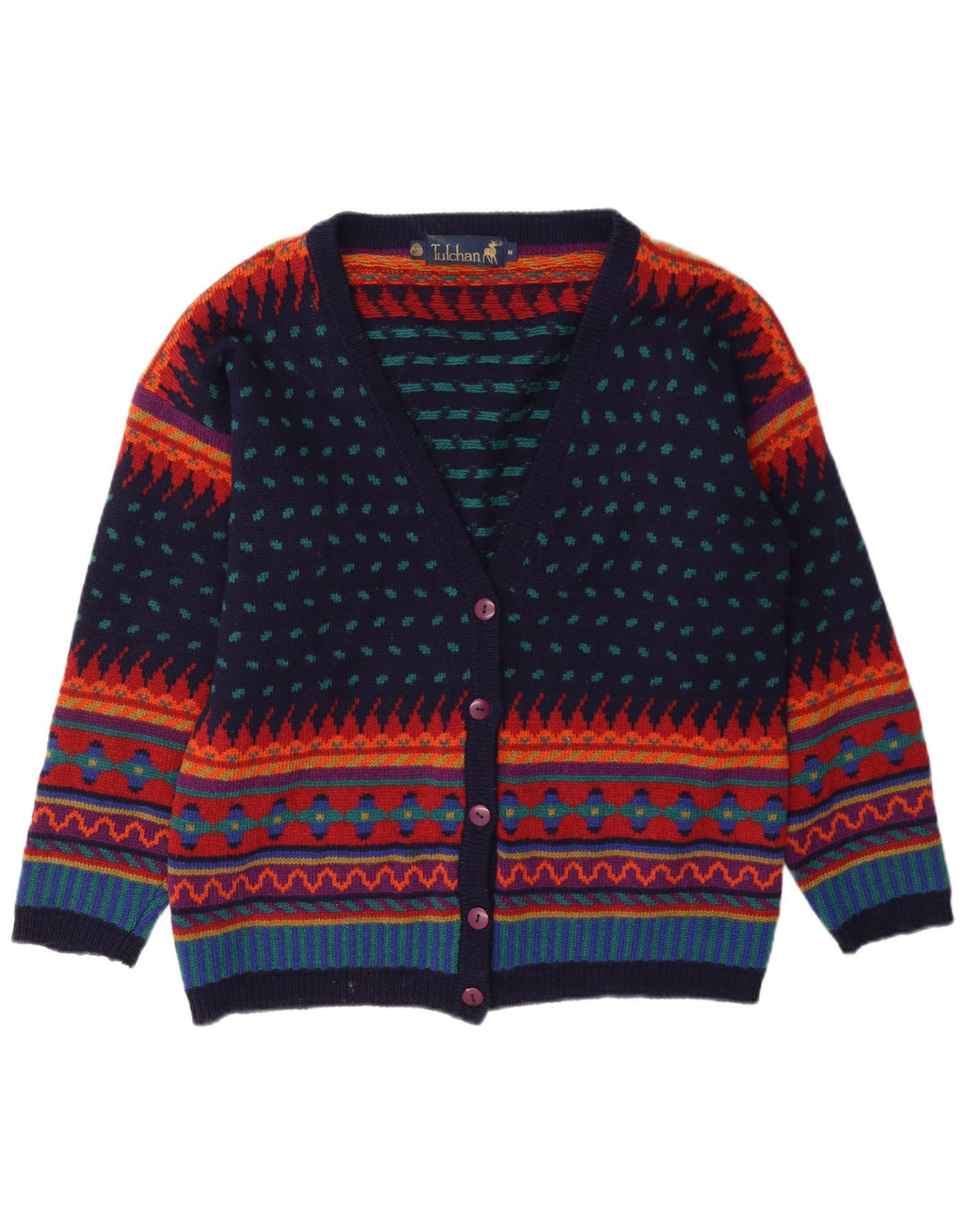Tulchan - Cárdigan para mujer, talla 40, tamaño mediano, lana geométrica multicolor