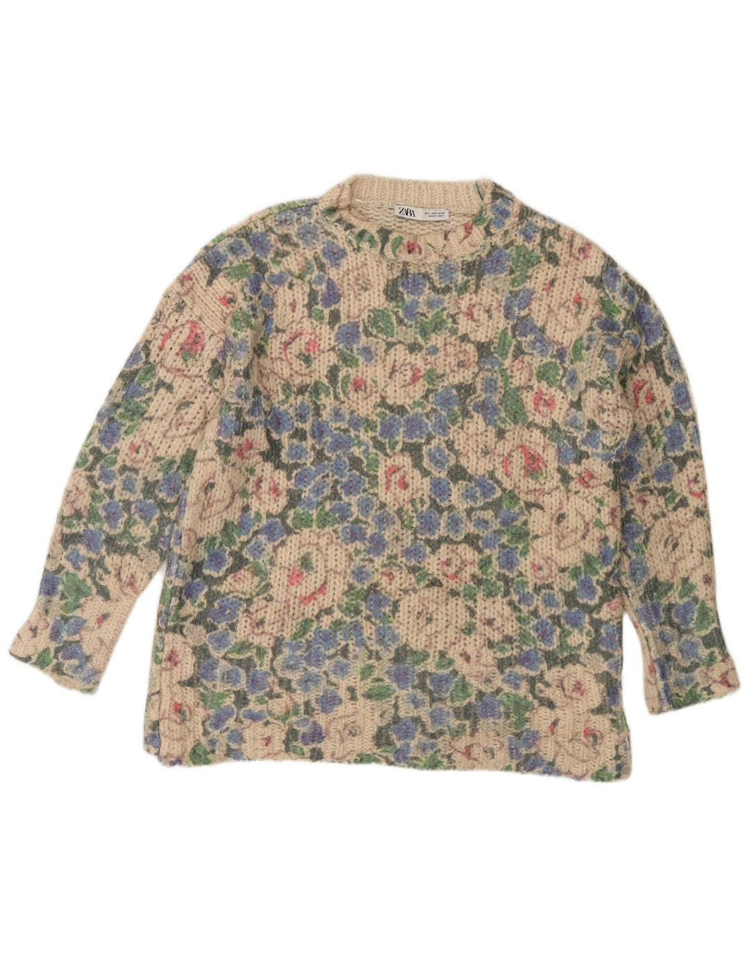 ZARA Jersey de cuello redondo para mujer, talla 40, talla pequeña, multicolor floral
