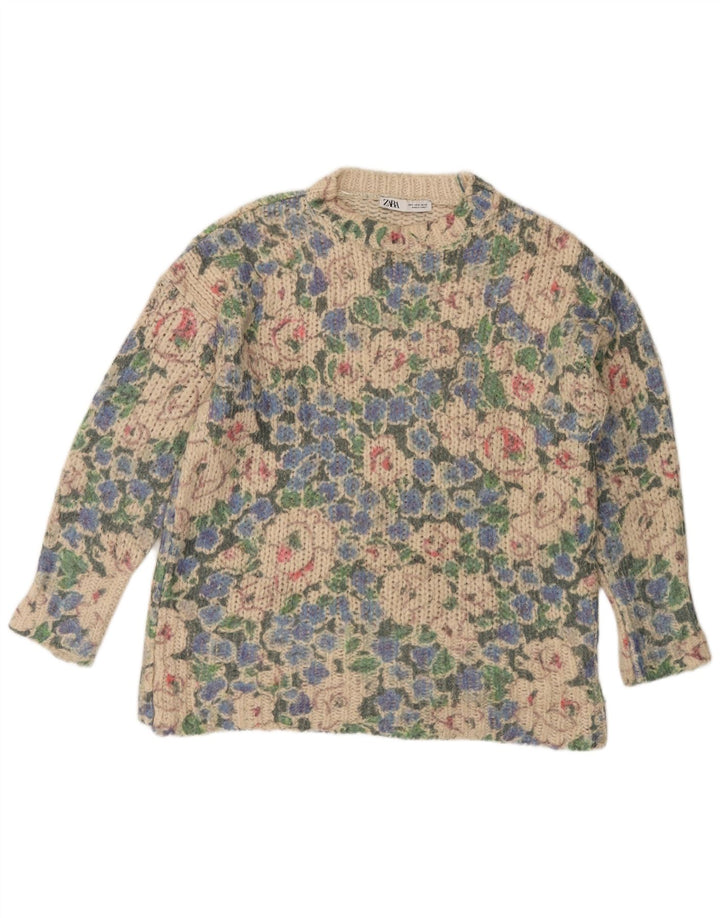 ZARA Jersey de cuello redondo para mujer, talla 40, talla pequeña, multicolor floral