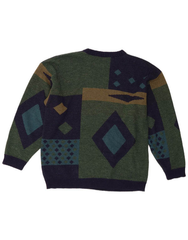 Vintage hombres cuello redondo jersey suéter medio verde geométrico