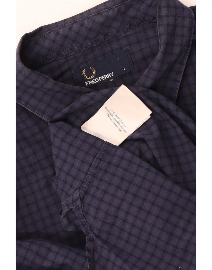 FRED PERRY Camisa para hombre grande de algodón a cuadros azul marino