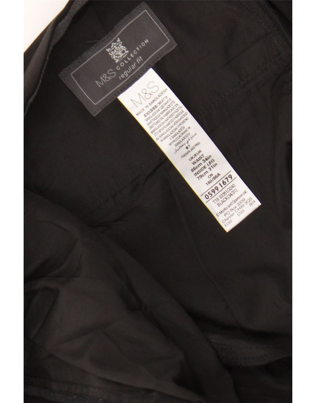 Marks & Spencer Pantalón de traje de corte regular para hombre W34 L27 Poliéster negro