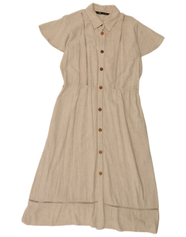 Zara Vestido Camisero De Manga Corta Para Mujer UK 46 Large Beige