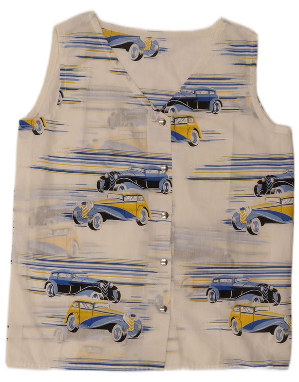 Vintage mujer patrón abstracto sin mangas camisa blusa Reino Unido 14 blanco grande