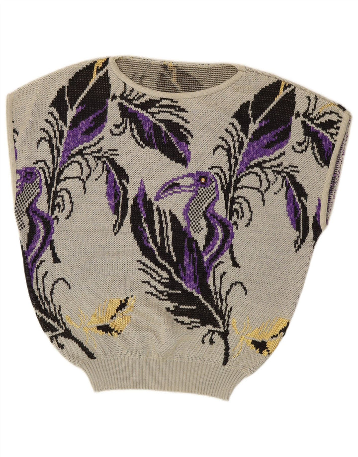 VINTAGE mujer sin mangas barco cuello jersey suéter Reino Unido 14 grande gris floral