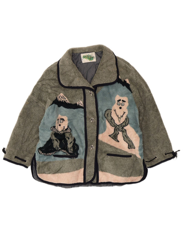 Vintage mujer chaqueta de lana de gran tamaño Reino Unido 20 2XL verde animal print