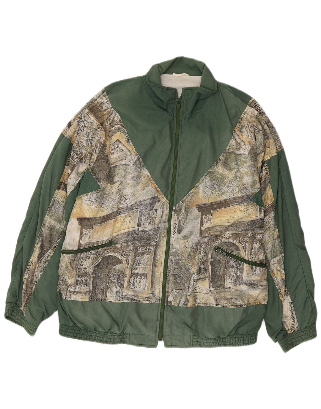 VINTAGE Hombres Loose Fit Gráfico Chándal Top Chaqueta Pequeña Poliamida Caqui