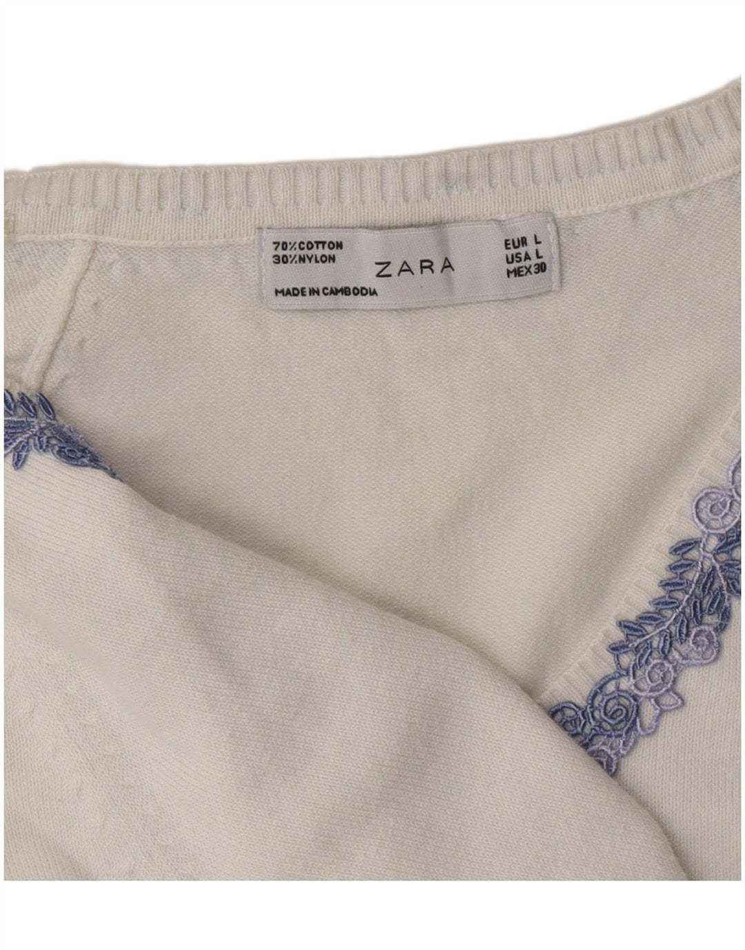 ZARA Jersey con cuello en V para mujer UK 44 Large Algodón blanco