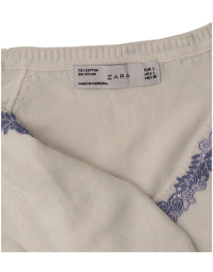 ZARA Jersey con cuello en V para mujer UK 44 Large Algodón blanco