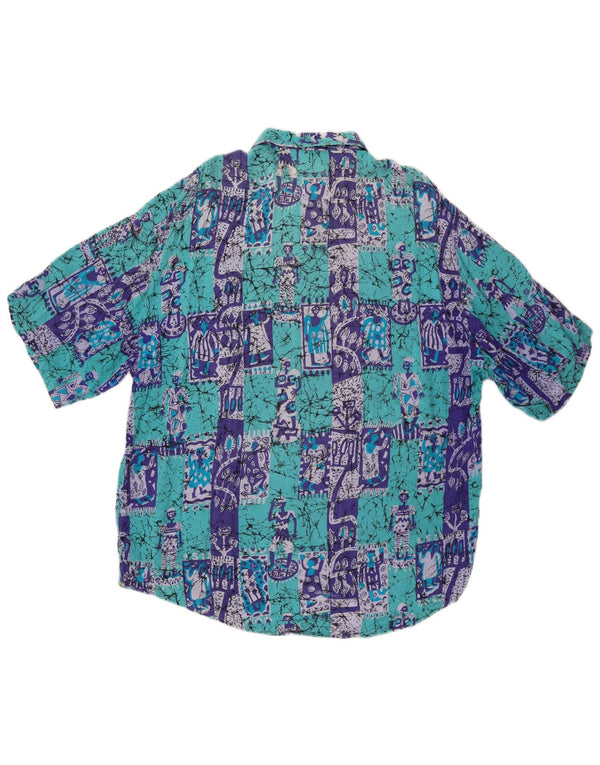 VINTAGE Camisa de manga corta para hombre XL Algodón patchwork azul